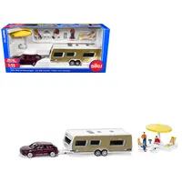 PORSCHE MACAN TURBO MAROON METALLIC AND DETHLEFFS EXCLUSIV EMOTION CARAVAN WITH FIGURES AND CAMP ACCESSORIES SET 1/55 DIECAST MODEL BY SIKU