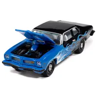 1974 PONTIAC GTO BLACK AND BLUE WITH BLUE FLAME GRAPHICS WITH WHITE INTERIOR "BLACK WITH FLAMES" SERIES 1/64 DIECAST MODEL CAR BY JOHNNY LIGHTNING