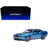 2023 DODGE CHALLENGER SRT SUPER STOCK FROSTBITE BLUE METALLIC WITH CARBON STRIPES 1/18 MODEL CAR BY AUTOART