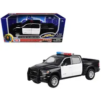 2019 RAM 1500 LARAMIE CREW CAB PICKUP TRUCK BLACK AND WHITE WITH FLASHING LIGHT BAR AND FRONT AND REAR LIGHTS AND SOUNDS 1/24-1/27 DIECAST MODEL CAR BY MOTORMAX