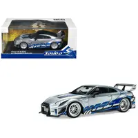 2020 NISSAN GT-R (R35) LIBERTY WALK SILHOUETTE RHD (RIGHT HAND DRIVE) SILVER METALLIC WITH BLACK TOP AND BLUE GRAPHICS 1/43 DIECAST MODEL CAR BY SOLIDO