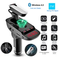 CAR FM TRANSMITTER W/ WIRELESS EARPIECE 2 USB CHARGE PORTS HANDS-FREE CALL MP3 PLAYER TF CARD AUX-IN