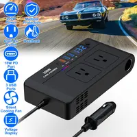 200W 12V CAR INVERTER DC12V TO AC110V VEHICLE POWER CONVERTER WITH 2 110V AC OUTLETS 1 TYPE-C 3 USB PORTS QUICK CHARGE OVERHEAT PROTECTION VOLTAGE DIS