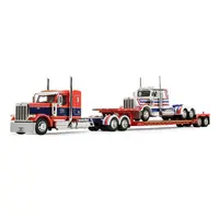 PETERBILT 589 WITH 44" FLAT TOP SLEEPER RED WITH BLUE STRIPES AND FONTAINE RENEGADE LXT40 LOWBOY TRAILER WITH PETERBILT 359 LOAD WHITE WITH BLUE AND RED STRIPES "AMERICA 250" 1/64 DIECAST MODEL BY DCP/FIRST GEAR