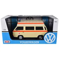 VOLKSWAGEN TYPE 2 (T3) HIGH ROOF AMBULANCE CREAM WITH ORANGE STRIPES 1/24 DIECAST MODEL CAR BY MOTORMAX
