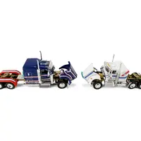 KENWORTH W900L WITH 72" AEROCAB FLAT TOP SLEEPER BLUE WITH WHITE STRIPES AND FONTAINE MAGNITUDE LOWBOY TRAILER WITH KENWORTH W900A LOAD WHITE WITH BLUE AND RED STRIPES "AMERICA 250" 1/64 DIECAST MODEL BY DCP/FIRST GEAR
