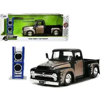 1956 FORD F-100 PICKUP TRUCK MATT BLACK AND CHAMPAGNE WITH FLAMES WITH EXTRA WHEELS "JUST TRUCKS" SERIES 1/24 DIECAST MODEL CAR BY JADA