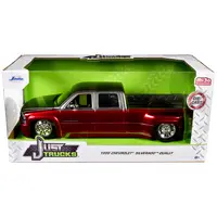 1999 CHEVROLET SILVERADO DUALLY PICKUP TRUCK RED METALLIC AND GRAY WITH STOCK WHEELS "JUST TRUCKS" SERIES 1/24 DIECAST MODEL CAR BY JADA
