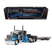 PETERBILT 389 WITH 48" FLAT TOP SLEEPER AND LANDOLL 440B-50CA TRAVELING AXLE TRAILER BLACK WITH BLUE STRIPES 1/64 DIECAST MODEL BY DCP/FIRST GEAR