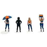 "GRID GIRLS" 5 PIECE DIECAST FIGURE SET (4 PEOPLE FIGURES 1 UMBRELLA) LIMITED EDITION TO 3600 PIECES WORLDWIDE FOR 1/64 SCALE MODELS BY AMERICAN DIORAMA