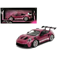 PORSCHE 911 GT3 RS RED VIOLET METALLIC WITH WHITE STRIPES "PINK SLIPS" SERIES 1/18 DIECAST MODEL CAR BY JADA