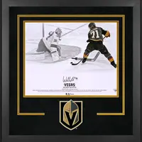 WILLIAM KARLSSON VEGAS GOLDEN KNIGHTS DELUXE FRAMED AUTOGRAPHED 16" X 20" GOAL BETWEEN LEGS SPOTLIGHT PHOTOGRAPH