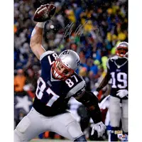 ROB GRONKOWSKI NEW ENGLAND PATRIOTS AUTOGRAPHED 16" X 20" SPIKE TOUCHDOWN CELEBRATION CLOSE PHOTOGRAPH