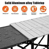 FOLDING CAMPING KITCHEN TABLE WITH LAMP POST, PORTABLE OUTDOOR COOKING STATION WITH HEAT RESISTANT TOP, 4 SIDE TABLES & LOWER STORAGE RACK FOR PICNIC,
