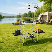 FOLDING CAMPING KITCHEN TABLE WITH LAMP POST, PORTABLE OUTDOOR COOKING STATION WITH HEAT RESISTANT TOP, 4 SIDE TABLES & LOWER STORAGE RACK FOR PICNIC,