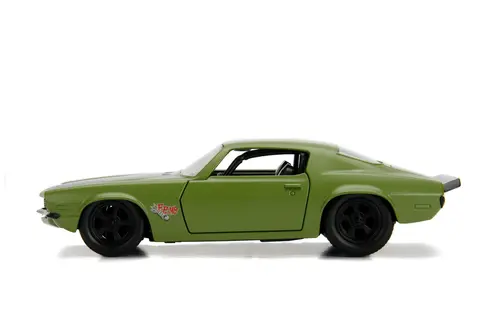 DOM'S 1973 CHEVROLET CAMARO "F-BOMB" MATT GREEN WITH BLACK HOOD STRIPE "FAST & FURIOUS" MOVIE 1/32 DIECAST MODEL CAR BY JADA