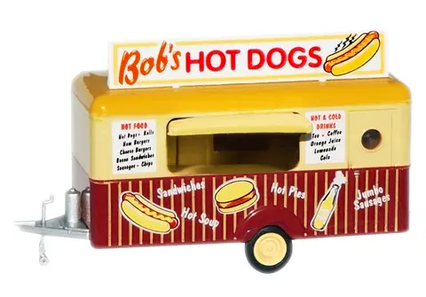 "BOB'S HOT DOGS" MOBILE FOOD TRAILER 1/87 (HO) SCALE DIECAST MODEL BY OXFORD DIECAST