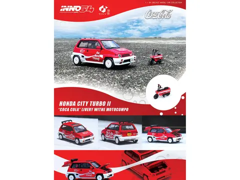 HONDA CITY TURBO II RHD (RIGHT HAND DRIVE) RED AND WHITE "COCA-COLA" WITH HONDA MOTOCOMPO SCOOTER 1/64 DIECAST MODEL CAR BY INNO MODELS