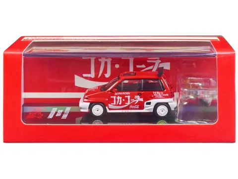 HONDA CITY TURBO II RHD (RIGHT HAND DRIVE) RED AND WHITE "COCA-COLA" WITH HONDA MOTOCOMPO SCOOTER 1/64 DIECAST MODEL CAR BY INNO MODELS