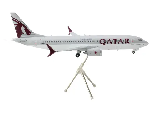 BOEING 737 MAX 8 COMMERCIAL AIRCRAFT "QATAR AIRWAYS" GRAY AND WHITE WITH TAIL GRAPHICS "GEMINI 200" SERIES 1/200 DIECAST MODEL AIRPLANE BY GEMINIJETS