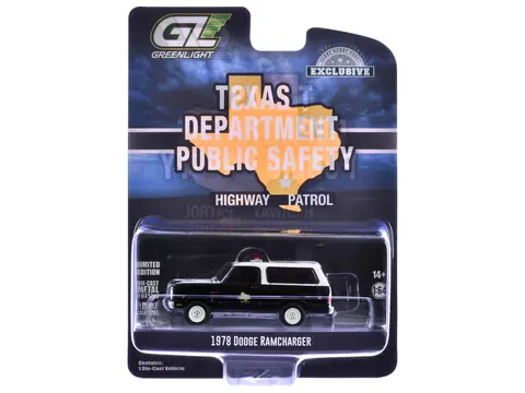 1978 DODGE RAMCHARGER POLICE VEHICLE "TEXAS DEPARTMENT OF PUBLIC SAFETY HIGHWAY PATROL" BLACK WITH WHITE HOOD AND TOP "HOBBY EXCLUSIVE" SERIES 1/64 DIECAST MODEL CAR BY GREENLIGHT