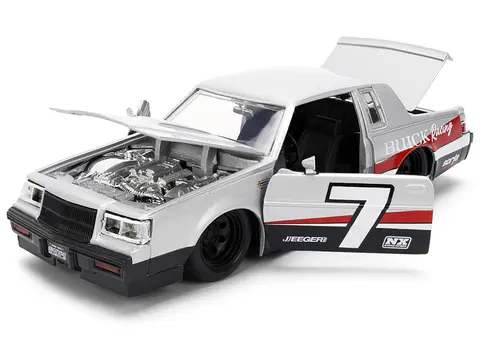 1987 BUICK GRAND NATIONAL #7 "BUICK RACING" MATT SILVER METALLIC WITH RED AND BLACK STRIPES "BIGTIME MUSCLE" SERIES 1/24 DIECAST MODEL BY JADA