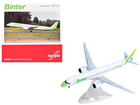 EMBRAER E195-E2 COMMERCIAL AIRCRAFT "BINTER CANARIAS" (EC-NEZ) WHITE WITH GREEN STRIPED TAIL 1/200 DIECAST MODEL BY HERPA