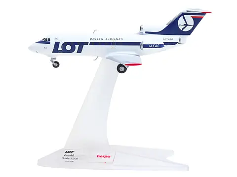 YAKOVLEV YAK-40 COMMERCIAL AIRCRAFT "LOT POLISH AIRLINES" (SP-GEA) WHITE WITH BLUE STRIPES AND TAIL 1/200 DIECAST MODEL BY HERPA