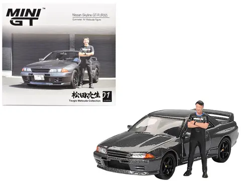 NISSAN SKYLINE GT-R (R32) RHD (RIGHT HAND DRIVE) GUNMETAL GRAY METALLIC WITH TSUGIO MATSUDA FIGURE LIMITED EDITION 1/64 DIECAST MODEL CAR BY MINI GT
