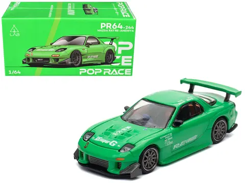 MAZDA RX7 "RE AMEMIYA" WIDEBODY RHD (RIGHT HAND DRIVE) GREEN 1/64 DIECAST MODEL CAR BY POP RACE