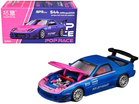 MAZDA RX7 (FC3S) RE AMEMIYA RHD (RIGHT HAND DRIVE) BLUE METALLIC WITH PINK HOOD "APA XPO 2025 EXCLUSIVE" 1/64 DIECAST MODEL CAR BY POP RACE