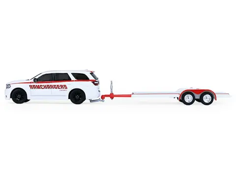 2018 DODGE DURANGO WHITE WITH RED STRIPES AND 2021 DODGE CHALLENGER SRT WHITE WITH RED STRIPES "RAMCHARGERS" WITH FLATBED TRAILER "RACING HITCH & TOW" SERIES 6 1/64 DIECAST MODEL CARS BY GREENLIGHT