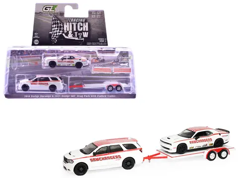 2018 DODGE DURANGO WHITE WITH RED STRIPES AND 2021 DODGE CHALLENGER SRT WHITE WITH RED STRIPES "RAMCHARGERS" WITH FLATBED TRAILER "RACING HITCH & TOW" SERIES 6 1/64 DIECAST MODEL CARS BY GREENLIGHT