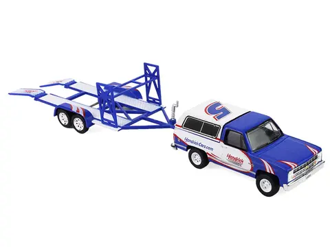 1986 CHEVROLET K5 BLAZER BLUE AND WHITE AND 1969 CHEVROLET CAMARO #5 BLUE AND WHITE "KYLE LARSON - HENDRICK MOTORSPORTS" WITH TANDEM CAR TRAILER "RACING HITCH & TOW" SERIES 6 1/64 DIECAST MODEL CARS BY GREENLIGHT