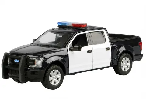 2019 FORD F-150 LARIAT CREW CAB PICKUP TRUCK BLACK AND WHITE WITH FLASHING LIGHT BAR AND FRONT AND REAR LIGHTS AND SOUNDS 1/24-1/27 DIECAST MODEL CAR BY MOTORMAX
