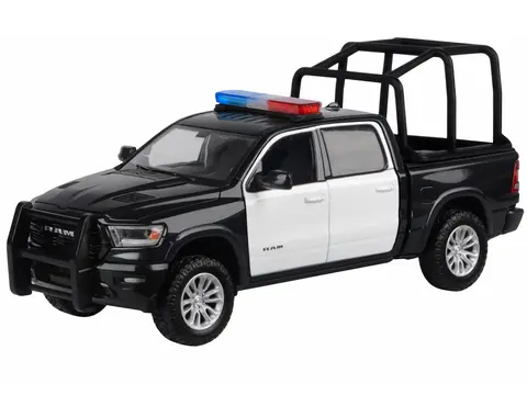 2019 RAM 1500 LARAMIE CREW CAB PICKUP TRUCK WITH BED CAGE BLACK AND WHITE WITH FLASHING LIGHT BAR AND FRONT AND REAR LIGHTS AND SOUNDS 1/24-1/27 DIECAST MODEL CAR BY MOTORMAX
