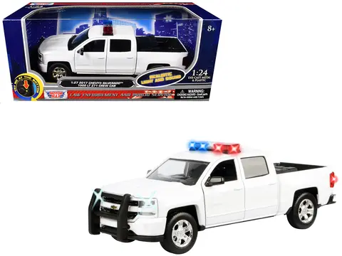 2017 CHEVROLET SILVERADO 1500 LT Z71 CREW CAB PICKUP TRUCK WHITE WITH FLASHING LIGHT BAR AND FRONT AND REAR LIGHTS AND SOUNDS 1/24-1/27 DIECAST MODEL CAR BY MOTORMAX