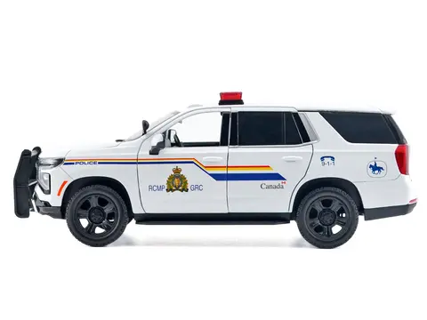 2025 CHEVROLET TAHOE PPV "RCMP (ROYAL CANADIAN MOUNTED POLICE)" WHITE WITH STRIPES WITH FLASHING LIGHT BAR AND FRONT AND REAR LIGHTS AND SOUNDS 1/24 DIECAST MODEL CAR BY MOTORMAX