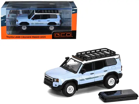 2024 TOYOTA LAND CRUISER PRADO LIGHT BLUE WITH WHITE TOP AND STRIPES WITH ROOF RACK AND ACCESSORY 1/64 DIECAST MODEL CAR BY GCD
