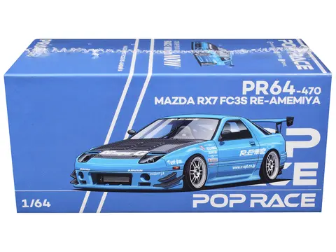 MAZDA RX7 (FC3S) RE AMEMIYA RHD (RIGHT HAND DRIVE) LIGHT BLUE WITH CARBON HOOD "TOKYO AUTO SALON 2026" 1/64 DIECAST MODEL CAR BY POP RACE