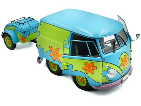 2024 VOLKSWAGEN KOOL KOMBI VAN WITH TRAILER "GHOST HUNTER" BLUE AND GREEN WITH GRAPHICS 1/18 DIECAST MODEL CAR BY SOLIDO