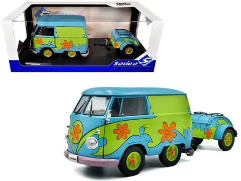 2024 VOLKSWAGEN KOOL KOMBI VAN WITH TRAILER "GHOST HUNTER" BLUE AND GREEN WITH GRAPHICS 1/18 DIECAST MODEL CAR BY SOLIDO