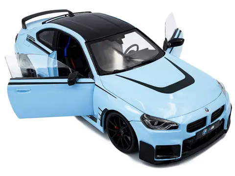 2024 BMW M2 PERFORMANCE PARTS ZANDVOORT BLUE WITH CARBON TOP AND BLACK STRIPES 1/18 DIECAST MODEL CAR BY SOLIDO