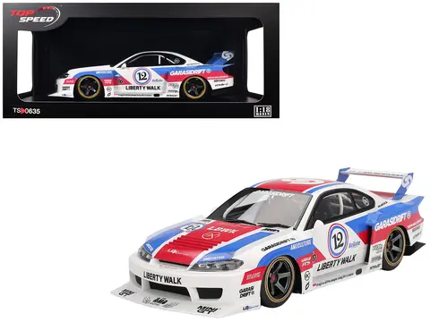 NISSAN "LB-SUPER SILHOUETTE" S15 SILVIA RHD (RIGHT HAND DRIVE) #12 "GARASIDRIFT" WHITE WITH RED AND BLUE GRAPHICS 1/18 MODEL CAR BY TOP SPEED