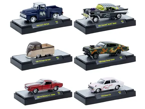 "AUTO MEETS" SET OF 6 CARS IN DISPLAY CASES RELEASE 94 LIMITED EDITION 1/64 DIECAST MODEL CARS BY M2 MACHINES