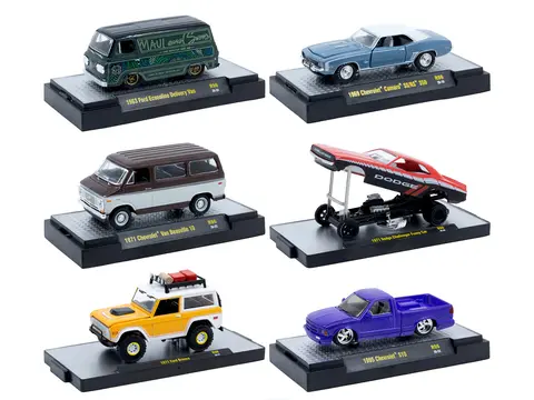 "AUTO MEETS" SET OF 6 CARS IN DISPLAY CASES RELEASE 96 LIMITED EDITION 1/64 DIECAST MODEL CARS BY M2 MACHINES