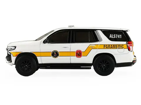 2024 CHEVROLET TAHOE "MONTGOMERY COUNTY MARYLAND FIRE & RESCUE BETHESDA-CHEVY CHASE RESCUE SQUAD" WHITE WITH YELLOW STRIPES "FIRE & RESCUE" SERIES #5 1/64 DIECAST MODEL CAR BY GREENLIGHT