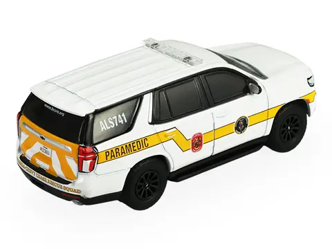 2024 CHEVROLET TAHOE "MONTGOMERY COUNTY MARYLAND FIRE & RESCUE BETHESDA-CHEVY CHASE RESCUE SQUAD" WHITE WITH YELLOW STRIPES "FIRE & RESCUE" SERIES #5 1/64 DIECAST MODEL CAR BY GREENLIGHT