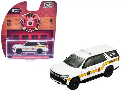 2024 CHEVROLET TAHOE "MONTGOMERY COUNTY MARYLAND FIRE & RESCUE BETHESDA-CHEVY CHASE RESCUE SQUAD" WHITE WITH YELLOW STRIPES "FIRE & RESCUE" SERIES #5 1/64 DIECAST MODEL CAR BY GREENLIGHT