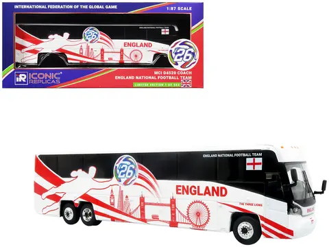 MCI D4520 COACH BUS "ENGLAND NATIONAL FOOTBALL TEAM" WHITE WITH GRAPHICS "INTERNATIONAL FEDERATION OF THE GLOBAL GAME" SERIES LIMITED EDITION TO 504 PIECES WORLDWIDE 1/87 (HO) DIECAST MODEL BY ICONIC REPLICAS